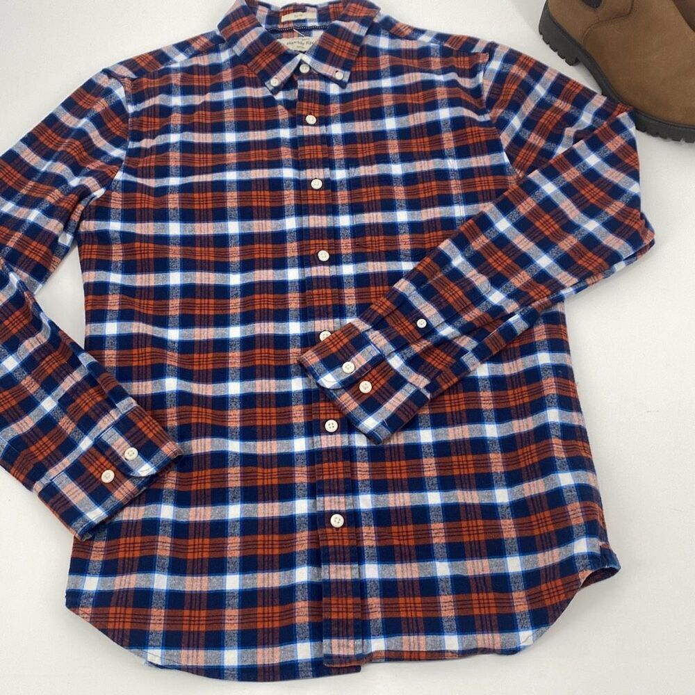 Hawker‎ Rye Flannel Plaid Slim Button Down Long Sleeve Shirt Fall  Navy Orange M